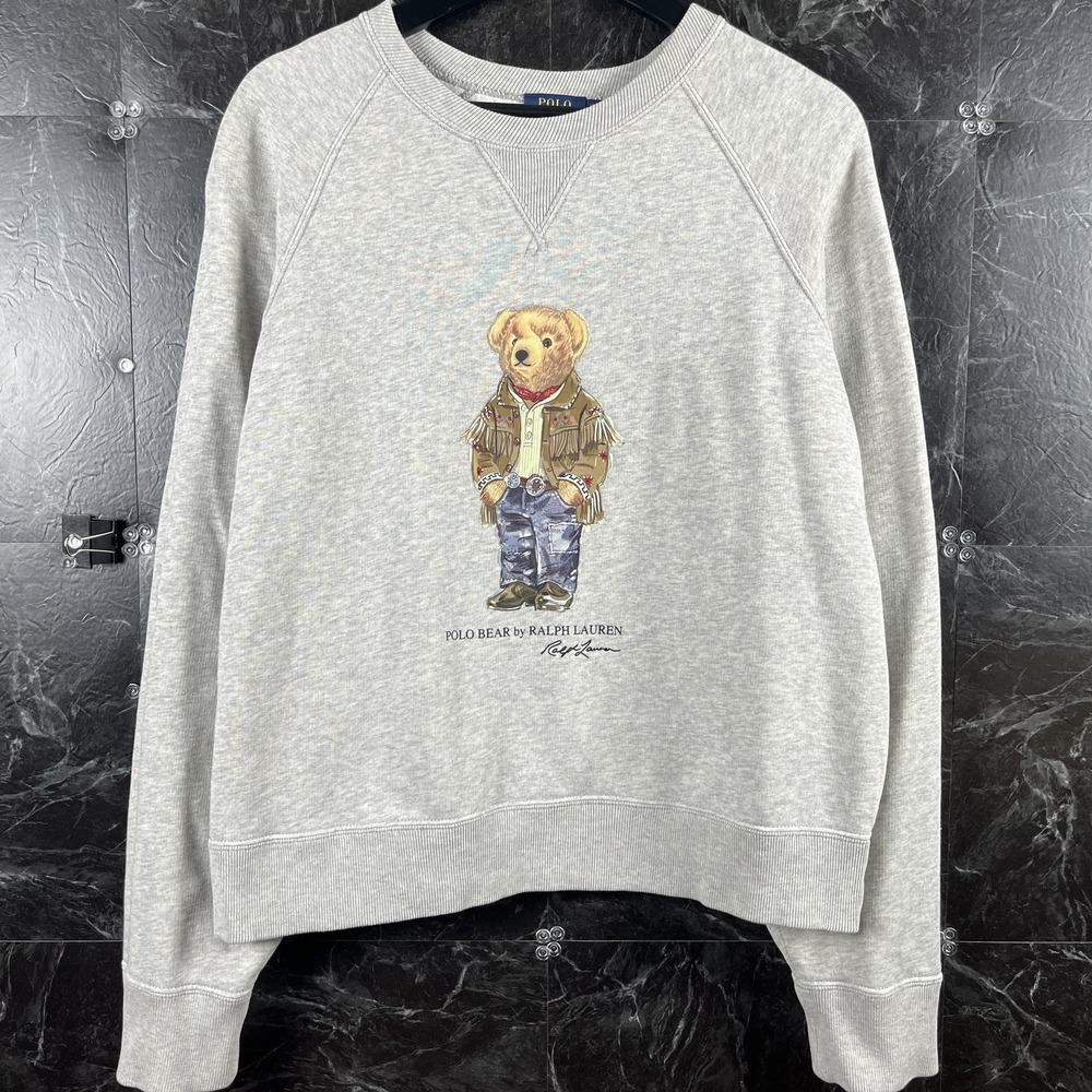 Polo Ralph Lauren Women's Grey Cowboy Polo Bear Fleece Sweatshirt XL